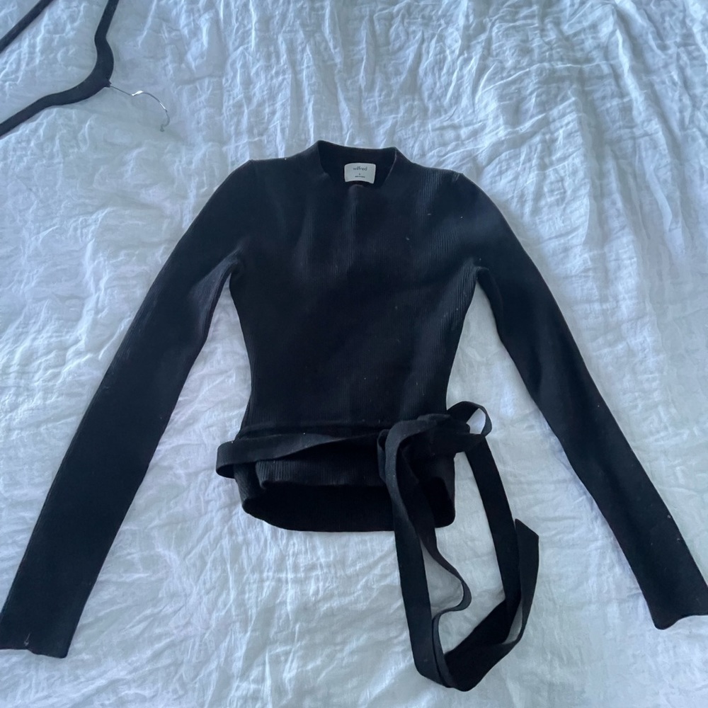 Wilfred black sweater with tie. Slightly cropped